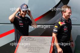 21.05.2011 Barcelona, Spain,  Sebastian Vettel (GER), Red Bull Racing, honoured at the circuit with a plaque, Christian Horner (GBR), Red Bull Racing, Sporting Director - Formula 1 World Championship, Rd 05, Spainish Grand Prix, Saturday