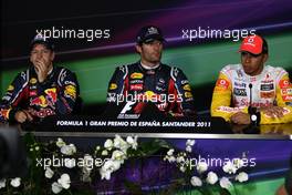 21.05.2011 Barcelona, Spain,  Sebastian Vettel (GER), Red Bull Racing, Mark Webber (AUS), Red Bull Racing, Lewis Hamilton (GBR), McLaren Mercedes - Formula 1 World Championship, Rd 05, Spainish Grand Prix, Saturday Press Conference