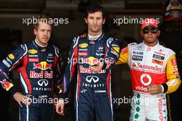 21.05.2011 Barcelona, Spain,  Sebastian Vettel (GER), Red Bull Racing with pole man and Lewis Hamilton (GBR), McLaren Mercedes - Formula 1 World Championship, Rd 05, Spainish Grand Prix, Saturday Qualifying