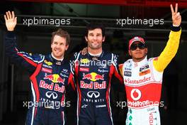 21.05.2011 Barcelona, Spain,  Sebastian Vettel (GER), Red Bull Racing with pole man and Lewis Hamilton (GBR), McLaren Mercedes - Formula 1 World Championship, Rd 05, Spainish Grand Prix, Saturday Qualifying