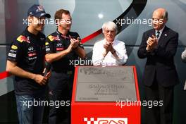 21.05.2011 Barcelona, Spain,  Sebastian Vettel (GER), Red Bull Racing, honoured at the circuit with a plaque, Sebastian Vettel (GER), Red Bull Racing, Christian Horner (GBR), Red Bull Racing, Sporting Director, Bernie Ecclestone (GBR)  - Formula 1 World Championship, Rd 05, Spainish Grand Prix, Saturday