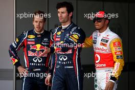 21.05.2011 Barcelona, Spain,  Sebastian Vettel (GER), Red Bull Racing, Mark Webber (AUS), Red Bull Racing, Lewis Hamilton (GBR), McLaren Mercedes - Formula 1 World Championship, Rd 05, Spainish Grand Prix, Saturday Qualifying