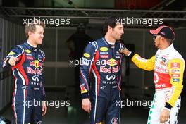 21.05.2011 Barcelona, Spain,  Sebastian Vettel (GER), Red Bull Racing with pole man and Lewis Hamilton (GBR), McLaren Mercedes - Formula 1 World Championship, Rd 05, Spainish Grand Prix, Saturday Qualifying