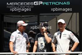 22.05.2011 Barcelona, Spain,  Michael Schumacher (GER), Mercedes GP Petronas F1 Team, Jorge Lorenzo (ESP) MotoGP Champion, Nico Rosberg (GER), Mercedes GP Petronas F1 Team - Formula 1 World Championship, Rd 05, Spainish Grand Prix, Sunday