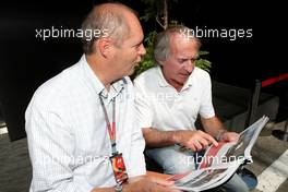 22.05.2011 Barcelona, Spain,  Eric Van De Poele (BEL), Belgium TV RTBF and Jacques Laffite (FRA), French TV TF1  - Formula 1 World Championship, Rd 05, Spainish Grand Prix, Sunday