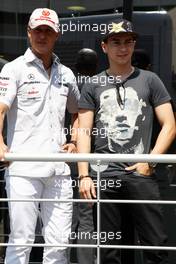 22.05.2011 Barcelona, Spain,  Michael Schumacher (GER), Mercedes GP Petronas F1 Team, Jorge Lorenzo (ESP) MotoGP Champion - Formula 1 World Championship, Rd 05, Spainish Grand Prix, Sunday