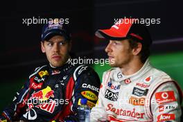 22.05.2011 Barcelona, Spain,  Sebastian Vettel (GER), Red Bull Racing with Jenson Button (GBR), McLaren Mercedes - Formula 1 World Championship, Rd 05, Spainish Grand Prix, Sunday Press Conference