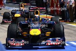 26.06.2011 Valencia, Spain,  Sebastian Vettel (GER), Red Bull Racing and Mark Webber (AUS), Red Bull Racing  - Formula 1 World Championship, Rd 08, European Grand Prix, Sunday Podium