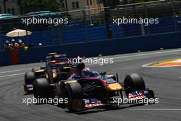 26.06.2011 Valencia, Spain,  Sébastien Buemi (SUI), Scuderia Toro Rosso leads Jaime Alguersuari (ESP), Scuderia Toro Rosso - Formula 1 World Championship, Rd 08, European Grand Prix, Sunday Race