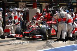 26.06.2011 Valencia, Spain,  Lewis Hamilton (GBR), McLaren Mercedes  pit stop - Formula 1 World Championship, Rd 08, European Grand Prix, Sunday Race