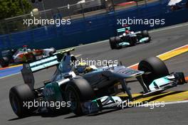 26.06.2011 Valencia, Spain,  Nico Rosberg (GER), Mercedes GP Petronas F1 Team leads Michael Schumacher (GER), Mercedes GP Petronas F1 Team - Formula 1 World Championship, Rd 08, European Grand Prix, Sunday Race