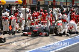 26.06.2011 Valencia, Spain,  Jenson Button (GBR), McLaren Mercedes pit stop - Formula 1 World Championship, Rd 08, European Grand Prix, Sunday Race