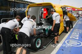 23.06.2011 Valencia, Spain,  Nico Rosberg (GER), Mercedes GP Petronas F1 Team car arrives late on Thursday morning on the back of a DHL trailer - Formula 1 World Championship, Rd 08, European Grand Prix, Thursday