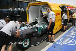 23.06.2011 Valencia, Spain,  Nico Rosberg (GER), Mercedes GP Petronas F1 Team car arrives late on Thursday morning on the back of a DHL trailer - Formula 1 World Championship, Rd 08, European Grand Prix, Thursday