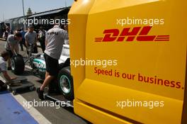 23.06.2011 Valencia, Spain,  Nico Rosberg (GER), Mercedes GP Petronas F1 Team car arrives late on Thursday morning on the back of a DHL trailer - Formula 1 World Championship, Rd 08, European Grand Prix, Thursday