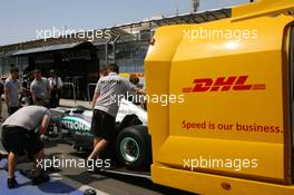 23.06.2011 Valencia, Spain,  Nico Rosberg (GER), Mercedes GP Petronas F1 Team car arrives late on Thursday morning on the back of a DHL trailer - Formula 1 World Championship, Rd 08, European Grand Prix, Thursday