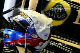 08.07.2011 Silverstone, UK, England,  Helmet of Vitaly Petrov (RUS), Lotus Renalut F1 Team  - Formula 1 World Championship, Rd 09, British Grand Prix, Friday Practice