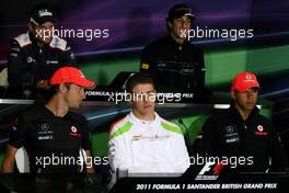 07.07.2011 Silverstone, UK, England,  Rubens Barrichello (BRA), Williams F1 Team, Daniel Ricciardo (AUS) Hispania Racing Team, HRT, Jenson Button (GBR), McLaren Mercedes, Paul di Resta (GBR), Force India F1 Team and Lewis Hamilton (GBR), McLaren Mercedes  - Formula 1 World Championship, Rd 09, British Grand Prix, Thursday Press Conference