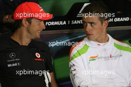 07.07.2011 Silverstone, UK, England,  Jenson Button (GBR), McLaren Mercedes and Paul di Resta (GBR), Force India F1 Team  - Formula 1 World Championship, Rd 09, British Grand Prix, Thursday Press Conference