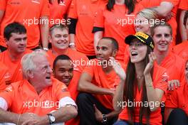 31.07.2011 Budapest, Hungary,  John Button (GBR) Father of Jenson, Nicholas Hamilton (GBR), Brother of Lewis Hamilton, McLaren Mercedes, Lewis Hamilton (GBR), McLaren Mercedes, Jessica Michibata (JPN) girlfriend of Jenson Button (GBR) celebrate with the team - Formula 1 World Championship, Rd 11, Hungarian Grand Prix, Sunday Podium