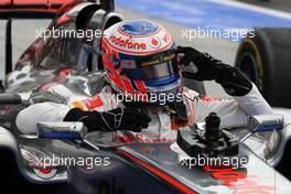 31.07.2011 Budapest, Hungary,  Jenson Button (GBR), McLaren Mercedes celebrates his win in Parc Ferme - Formula 1 World Championship, Rd 11, Hungarian Grand Prix, Sunday Podium