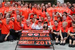 31.07.2011 Budapest, Hungary,  John Button (GBR) Father of Jenson, Nicholas Hamilton (GBR), Brother of Lewis Hamilton, McLaren Mercedes, Lewis Hamilton (GBR), McLaren Mercedes, Jenson Button (GBR), McLaren Mercedes, Jessica Michibata (JPN) girlfriend of Jenson Button (GBR) celebrate with the team - Formula 1 World Championship, Rd 11, Hungarian Grand Prix, Sunday Podium