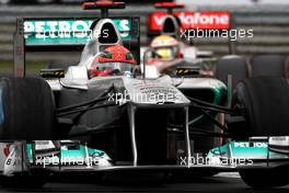 31.07.2011 Budapest, Hungary,  Michael Schumacher (GER), Mercedes GP Petronas F1 Team leads Lewis Hamilton (GBR), McLaren Mercedes - Formula 1 World Championship, Rd 11, Hungarian Grand Prix, Sunday Race