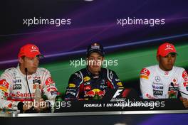 30.07.2011 Budapest, Hungary,  Jenson Button (GBR), McLaren Mercedes with Sebastian Vettel (GER), Red Bull Racing and Lewis Hamilton (GBR), McLaren Mercedes - Formula 1 World Championship, Rd 11, Hungarian Grand Prix, Saturday Press Conference