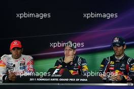 29.10.2011 New Delhi, India,  Lewis Hamilton (GBR), McLaren Mercedes, Sebastian Vettel (GER), Red Bull Racing and Mark Webber (AUS), Red Bull Racing  - Formula 1 World Championship, Rd 17, Indian Grand Prix, Saturday Qualifying