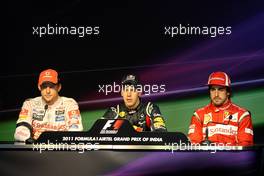 30.10.2011 New Delhi, India, Jenson Button (GBR), McLaren Mercedes, Sebastian Vettel (GER), Red Bull Racing, Fernando Alonso (ESP), Scuderia Ferrari - Formula 1 World Championship, Rd 17, Indian Grand Prix, Sunday Press Conference