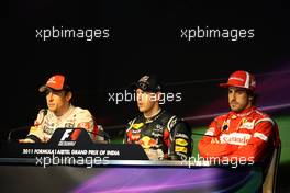 30.10.2011 New Delhi, India, Jenson Button (GBR), McLaren Mercedes, Sebastian Vettel (GER), Red Bull Racing, Fernando Alonso (ESP), Scuderia Ferrari - Formula 1 World Championship, Rd 17, Indian Grand Prix, Sunday Press Conference