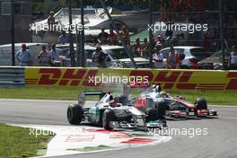 11.09.2011 Monza, Italy, Michael Schumacher (GER), Mercedes GP Petronas F1 Team  and Lewis Hamilton (GBR), McLaren Mercedes  - Formula 1 World Championship, Rd 13, Italian Grand Prix, Sunday Race