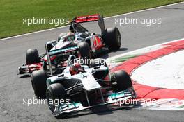 11.09.2011 Monza, Italy, Michael Schumacher (GER), Mercedes GP Petronas F1 Team  leads Lewis Hamilton (GBR), McLaren Mercedes  - Formula 1 World Championship, Rd 13, Italian Grand Prix, Sunday Race