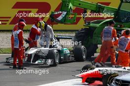 11.09.2011 Monza, Italy,  Nico Rosberg (GER), Mercedes GP Petronas F1 Team aftre a crash caused by Vitantonio Liuzzi (ITA), HRT Formula One Team - Formula 1 World Championship, Rd 13, Italian Grand Prix, Sunday Race