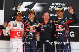 16.10.2011 Yeongam, Korea, Lewis Hamilton (GBR), McLaren Mercedes with Christian Horner (GBR), Red Bull Racing, Sporting Director, 1st place Sebastian Vettel (GER), Red Bull Racing and Mark Webber (AUS), Red Bull Racing  - Formula 1 World Championship, Rd 16, Korean Grand Prix, Sunday Podium