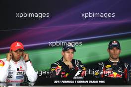 16.10.2011 Yeongam, Korea,  Lewis Hamilton (GBR), McLaren Mercedes, Sebastian Vettel (GER), Red Bull Racing and Mark Webber (AUS), Red Bull Racing  - Formula 1 World Championship, Rd 16, Korean Grand Prix, Sunday Podium