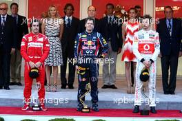 29.05.2011 Monte Carlo, Monaco,  Fernando Alonso (ESP), Scuderia Ferrari with 1st place Sebastian Vettel (GER), Red Bull Racing and Jenson Button (GBR), McLaren Mercedes - Formula 1 World Championship, Rd 06, Monaco Grand Prix, Sunday Podium