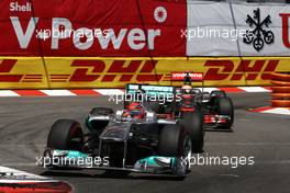 29.05.2011 Monte Carlo, Monaco,  Michael Schumacher (GER), Mercedes GP Petronas F1 Team leads Lewis Hamilton (GBR), McLaren Mercedes - Formula 1 World Championship, Rd 06, Monaco Grand Prix, Sunday Race