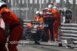 29.05.2011 Monte Carlo, Monaco,  Vitaly Petrov (RUS), Lotus Renault GP, has a crash - Formula 1 World Championship, Rd 06, Monaco Grand Prix, Sunday Race