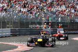 29.05.2011 Monte Carlo, Monaco,  Sebastian Vettel (GER), Red Bull Racing, RB7 leads Fernando Alonso (ESP), Scuderia Ferrari, F150 - Formula 1 World Championship, Rd 06, Monaco Grand Prix, Sunday Race