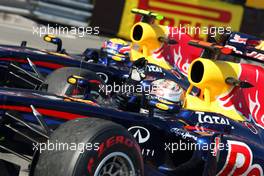 29.05.2011 Monaco, Monte Carlo, Mark Webber (AUS), Red Bull Racing, RB7 and winner Sebastian Vettel (GER), Red Bull Racing, RB7 - Formula 1 World Championship, Rd 6, Monaco Grand Prix, Sunday Race