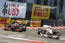 29.05.2011 Monaco, Monte Carlo, Kamui Kobayashi (JAP), Sauber F1 Team, C30 and Lewis Hamilton (GBR), McLaren Mercedes, MP4-26  - Formula 1 World Championship, Rd 6, Monaco Grand Prix, Sunday Race