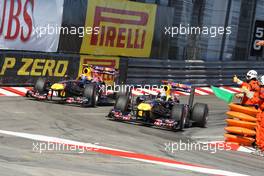 29.05.2011 Monaco, Monte Carlo, Mark Webber (AUS), Red Bull Racing, RB7 and winner Sebastian Vettel (GER), Red Bull Racing, RB7 - Formula 1 World Championship, Rd 6, Monaco Grand Prix, Sunday Race