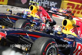 29.05.2011 Monaco, Monte Carlo, Mark Webber (AUS), Red Bull Racing, RB7 and winner Sebastian Vettel (GER), Red Bull Racing, RB7 - Formula 1 World Championship, Rd 6, Monaco Grand Prix, Sunday Race