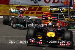 28.05.2011 Monte Carlo, Monaco,  Sebastian Vettel (GER), Red Bull Racing leads Michael Schumacher (GER), Mercedes GP Petronas F1 Team - Formula 1 World Championship, Rd 06, Monaco Grand Prix, Saturday Qualifying