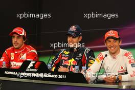 29.05.2011 Monaco, Monte Carlo, First three, (l-r), Fernando Alonso (ESP), Scuderia Ferrari, Sebastian Vettel (GER), Red Bull Racing and Jenson Button (GBR), McLaren Mercedes - Formula 1 World Championship, Rd 6, Monaco Grand Prix, Sunday Press Conference