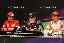 29.05.2011 Monaco, Monte Carlo, First three, (l-r), Fernando Alonso (ESP), Scuderia Ferrari, Sebastian Vettel (GER), Red Bull Racing and Jenson Button (GBR), McLaren Mercedes - Formula 1 World Championship, Rd 6, Monaco Grand Prix, Sunday Press Conference