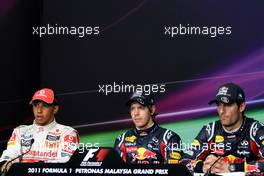09.04.2011 Sepang, Malaysia,  Lewis Hamilton (GBR), McLaren Mercedes, Sebastian Vettel (GER), Red Bull Racing and Mark Webber (AUS), Red Bull Racing  - Formula 1 World Championship, Rd 02, Malaysian Grand Prix, Saturday Qualifying