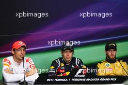 10.04.2011 Sepang, Malaysia,  Jenson Button (GBR), McLaren Mercedes with Sebastian Vettel (GER), Red Bull Racing and Nick Heidfeld (GER), Lotus Renault GP - Formula 1 World Championship, Rd 02, Malaysian Grand Prix, Sunday Press Conference