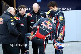 01.02.2011 Valencia, Spain,  Christian Horner (GBR), Red Bull Racing, Sporting Director with Adrian Newey (GBR), Red Bull Racing, Technical Operations Director, Sebastian Vettel (GER), Red Bull Racing and Mark Webber (AUS), Red Bull Racing - Red Bull Racing RB7 Launch - Formula 1 World Championship